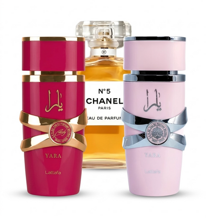 Kit 3 perfumes de lujo para mujer: Yara Candy + Hot pink + Channel 5
